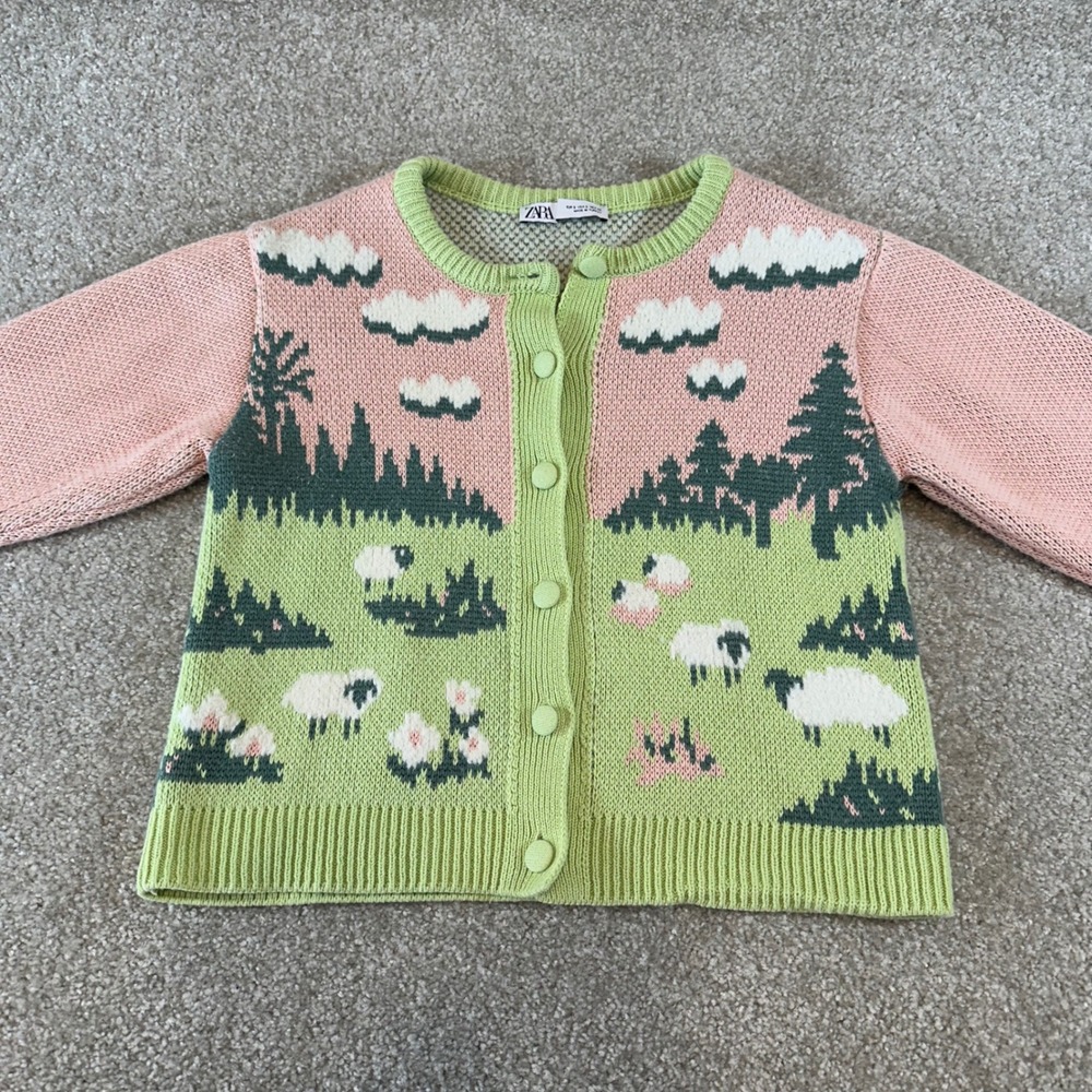 Zara Sheep Landscape Knit Cardigan Pink Green Pastoral Cottagecore Sweater Small - Picture 3 of 8